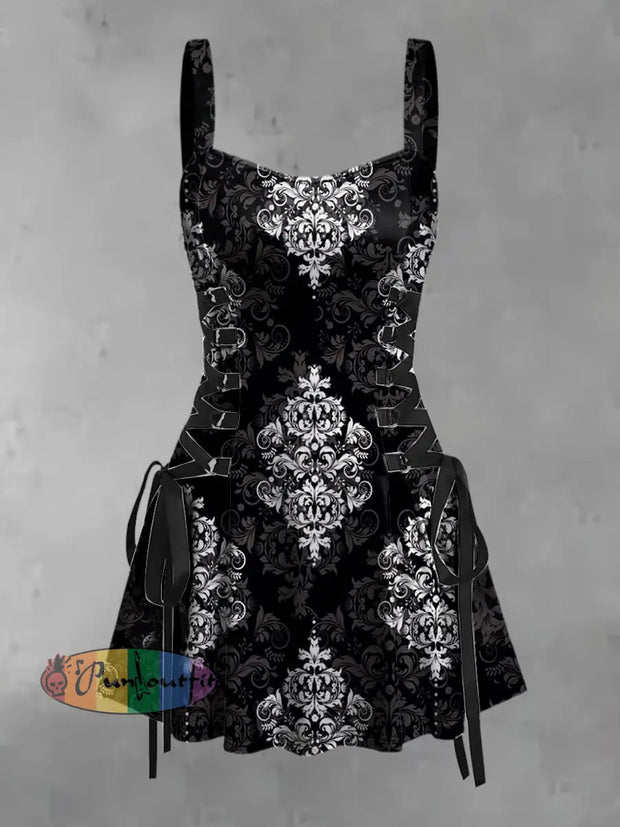 Women’s Vintage Punk Gothic Floral Gradient Print Strappy Sleeveless Strappy Mini Dress Black / S