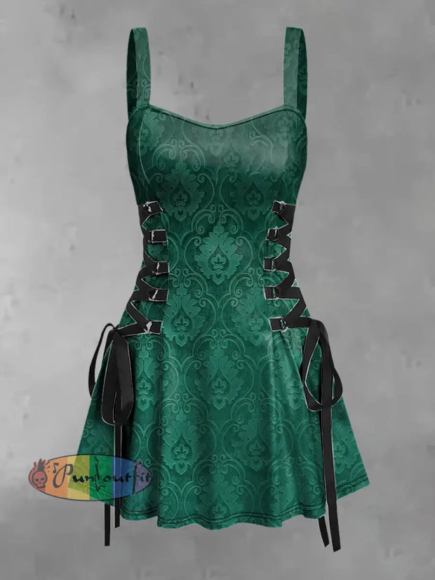 Women’s Vintage Punk Gothic Floral Gradient Print Strappy Sleeveless Mini Dress Green / S