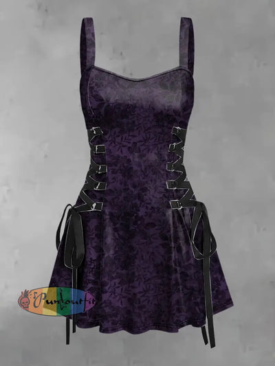 Women’s Vintage Punk Gothic Floral Print Strappy Sleeveless Mini Dress Purple / S