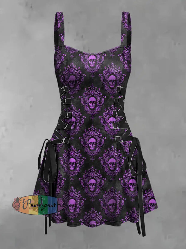 Women’s Vintage Punk Gothic Floral Skulls Print Strappy Sleeveless Mini Dress Purple / S