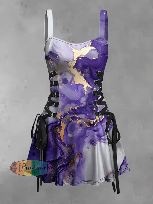 Women’s Vintage Punk Gothic Gold Marble Abstract Print Strappy Sleeveless Mini Dress Purple / S