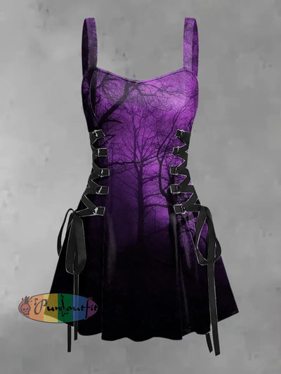 Women’s Vintage Punk Gothic Gradient Abstract Tree Branch Print Strappy Sleeveless Mini Dress