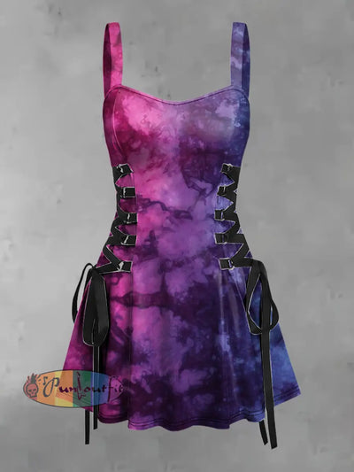 Women’s Vintage Punk Gothic Gradient Floral Patterns Print Strappy Sleeveless Mini Dress As