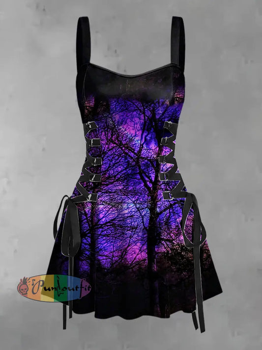 Women’s Vintage Punk Gothic Gradient Forest Art Abstract Print Strappy Sleeveless Strappy Mini Dress Purple / S