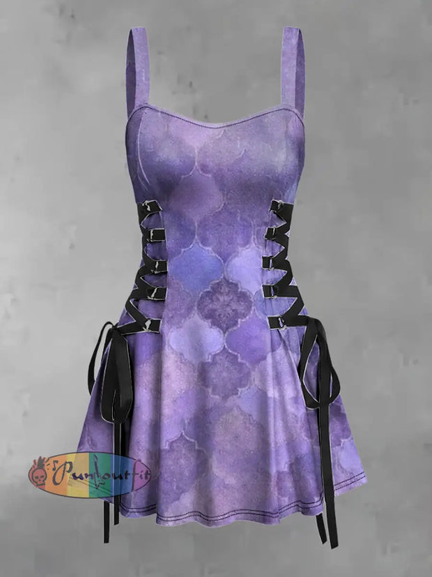 Women’s Vintage Punk Gothic Gradient Purple Geometric Colorful Print Strappy Sleeveless Mini