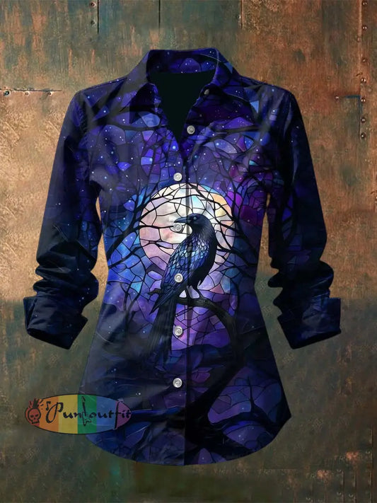Women’s Vintage Punk Gothic Gradient Window Raven Printed Casual Long Sleeve Shirt Purple / S