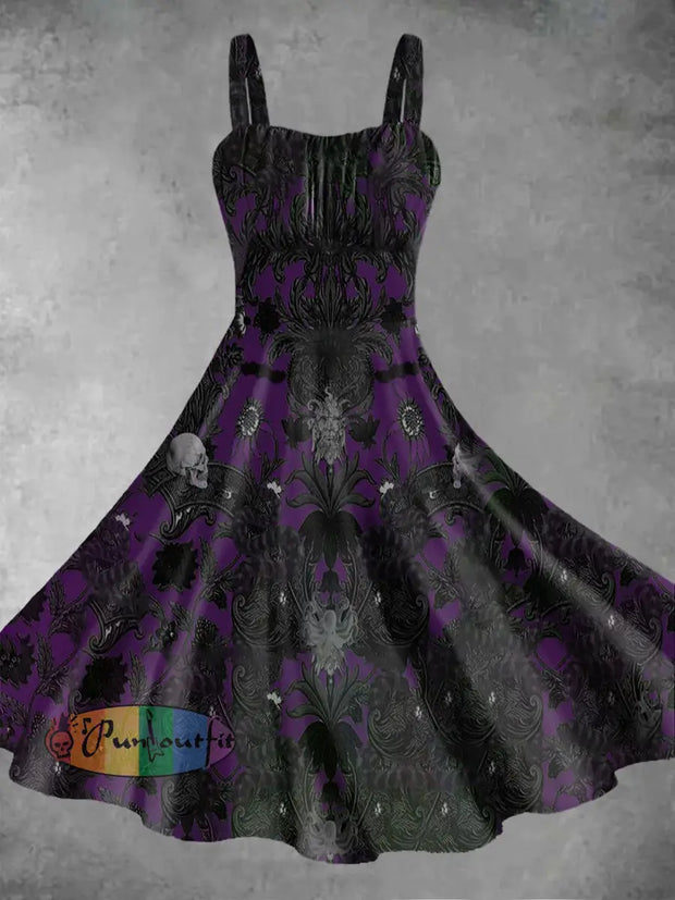 Women’s Vintage Punk Gothic Haunted House Brocade Print Midi Dress Purple / S