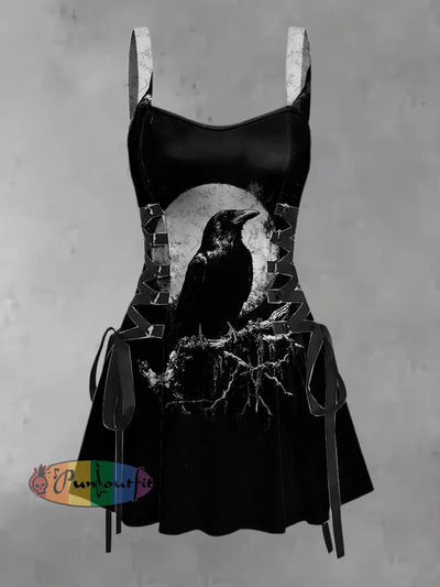 Women’s Vintage Punk Gothic Moon Raven Print Strappy Sleeveless Strappy Mini Dress Black / S