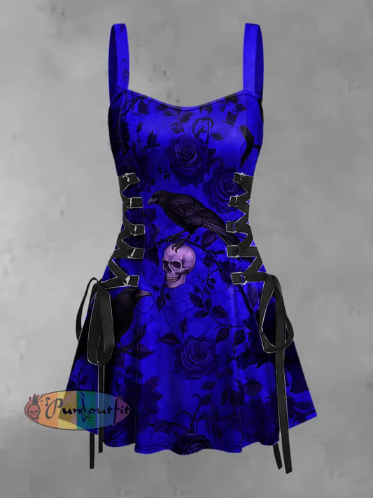 Women’s Vintage Punk Gothic Raven Skull Rose Abstract Art Print Strappy Sleeveless Strappy Mini Dress Blue / S
