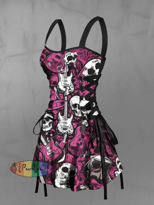 Women’s Vintage Punk Gothic Rock Guitar Skulls Abstract Print Strappy Sleeveless Strappy Mini Dress Purple / S