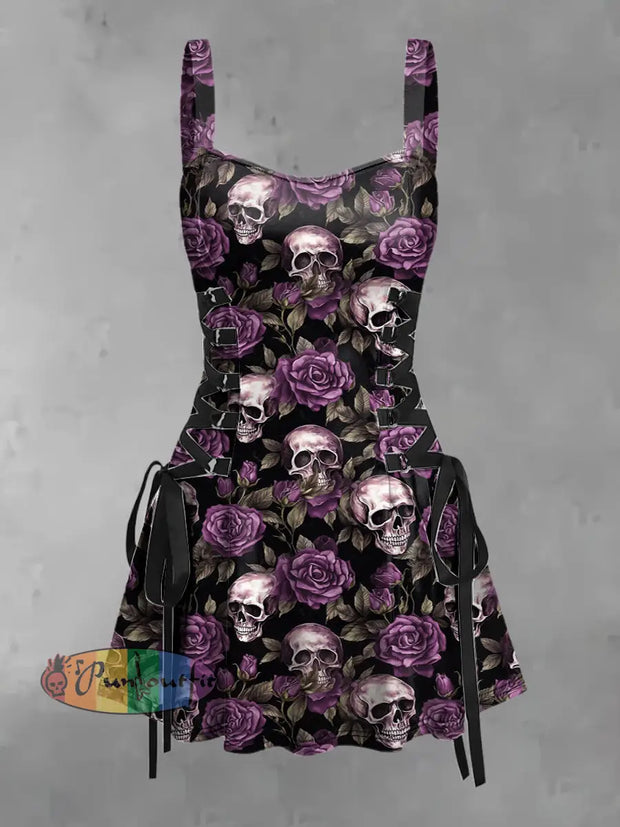 Women’s Vintage Punk Gothic Rose Skull Party Print Strappy Sleeveless Mini Dress Purple / S