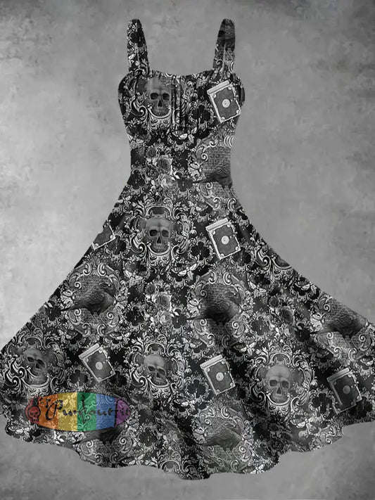 Women’s Vintage Punk Gothic Skull Floral Raven Abstract Print Midi Dress Black / S