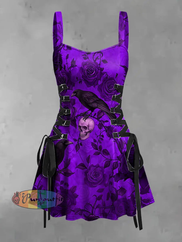 Women’s Vintage Punk Gothic Skull Raven Floral Print Strappy Sleeveless Mini Dress Purple / S