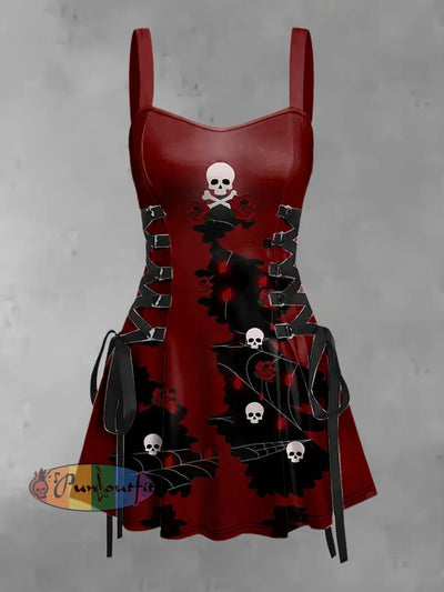 Women’s Vintage Punk Gothic Skull Rose Abstract Print Strappy Sleeveless Mini Dress Wine Red / S