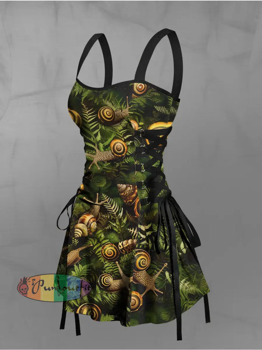 Women’s Vintage Punk Gothic Snail Greenery Print Strappy Sleeveless Strappy Mini Dress Green / S