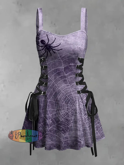 Women’s Vintage Punk Gothic Spider Web Print Strappy Sleeveless Mini Dress Purple / S