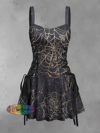 Women’s Vintage Punk Gothic Spider Web Sequins Print Strappy Sleeveless Strappy Mini Dress Purple / S