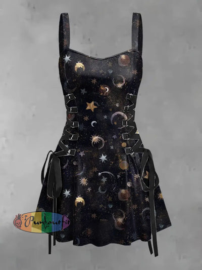 Women’s Vintage Punk Gothic Starry Moon Print Strappy Sleeveless Mini Dress As Picture / S