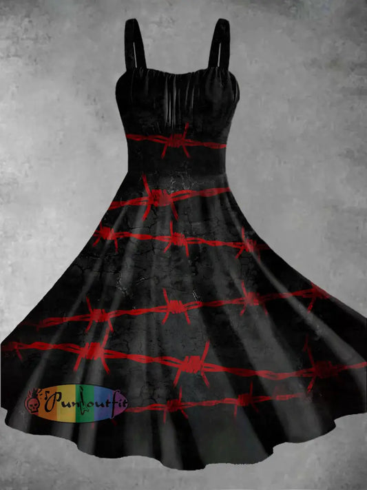 Women’s Vintage Punk Gothic Thorn Knot Clasp Print Midi Dress Black / S