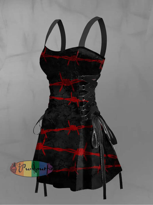 Women’s Vintage Punk Gothic Thorn Knot Clasp Print Strappy Sleeveless Strappy Mini Dress Black / S