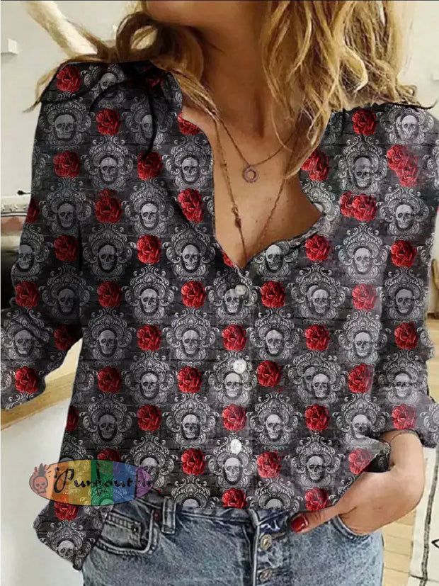 Women’s Vintage Punk Gothic Valentine’s Day Rose Skulls Printed Casual Long Sleeve Shirt