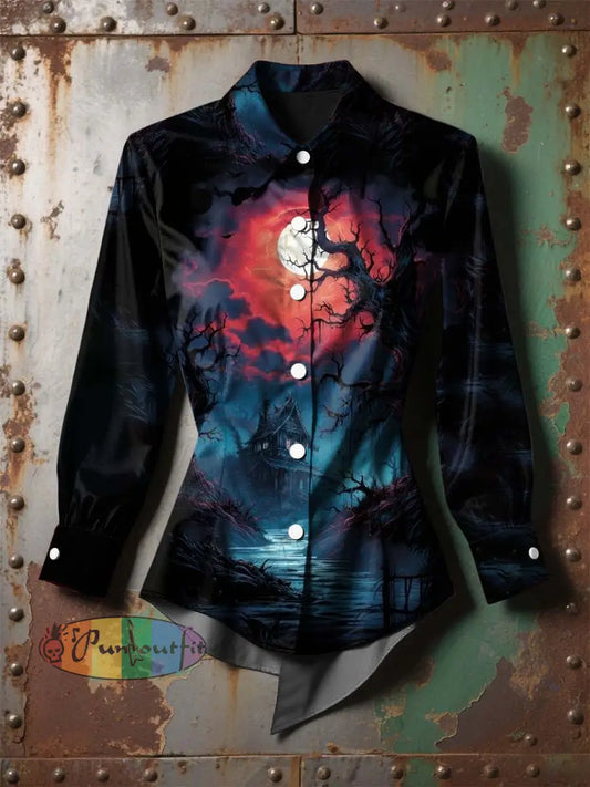 Women’s Vintage Punk Halloween Colorful Gradient Castle Printed Casual Long Sleeve Irregular Shirt Black / S