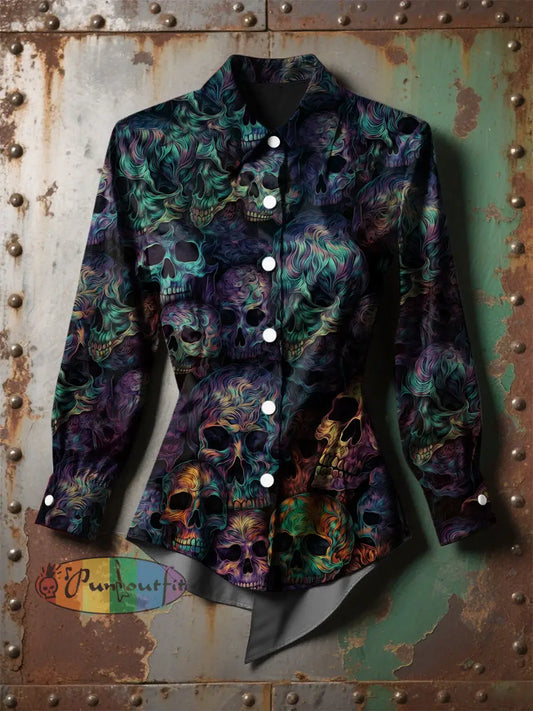 Women’s Vintage Punk Halloween Fan Colorful Smoke Skulls Printed Casual Long Sleeve Irregular Shirt Black / S