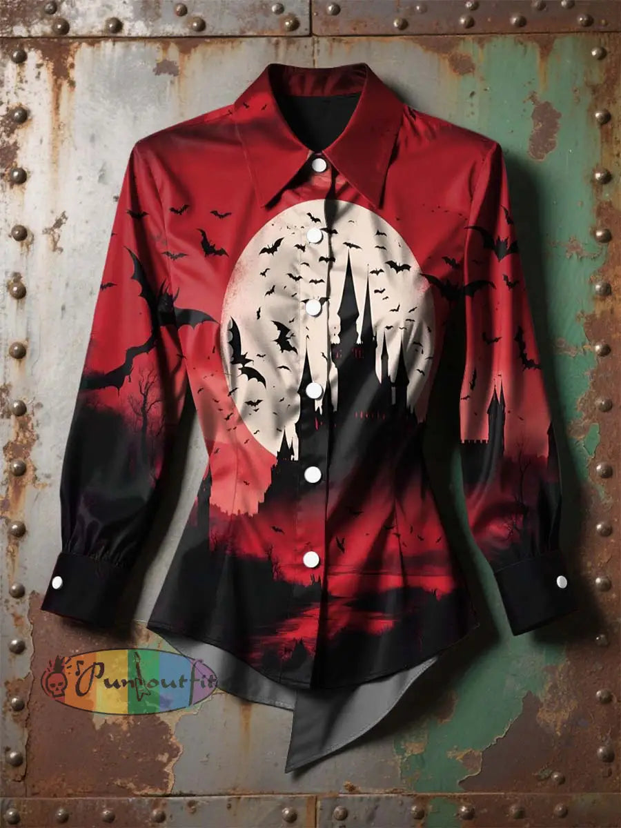 Women’s Vintage Punk Halloween Gradient Bat Castle Printed Casual Long Sleeve Irregular Shirt Red / S