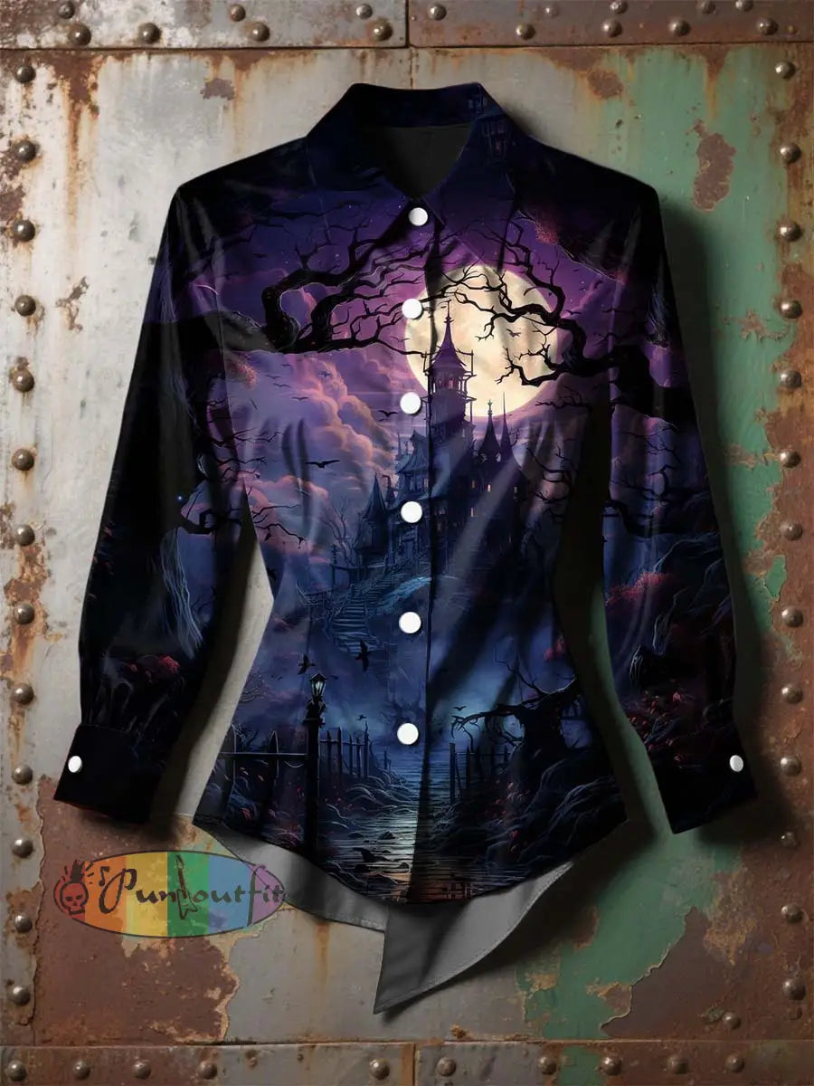 Women’s Vintage Punk Halloween Gradient Castle Printed Casual Long Sleeve Irregular Shirt Purple / S