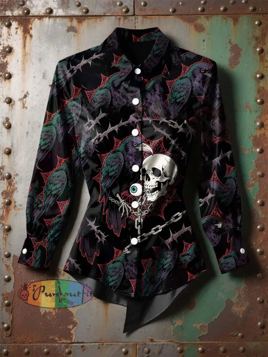 Women’s Vintage Punk Halloween Skull Raven Printed Casual Long Sleeve Irregular Shirt Black / S