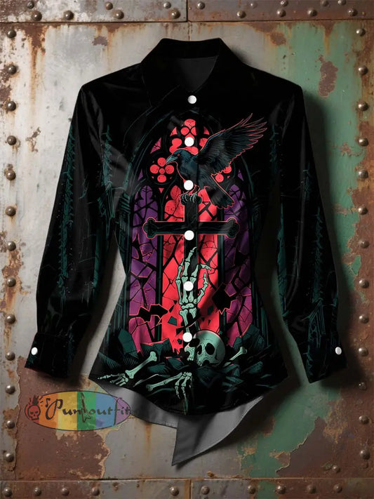 Women’s Vintage Punk Halloween Skull Raven Window Printed Casual Long Sleeve Irregular Shirt Black / S