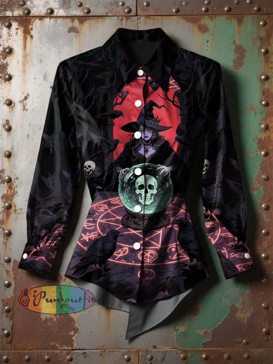 Women’s Vintage Punk Halloween Witch Bats Printed Casual Long Sleeve Irregular Shirt Black / S