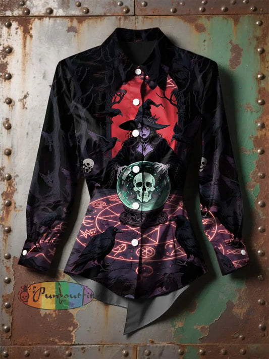 Women’s Vintage Punk Halloween Witch Bats Printed Casual Long Sleeve Irregular Shirt Black / S