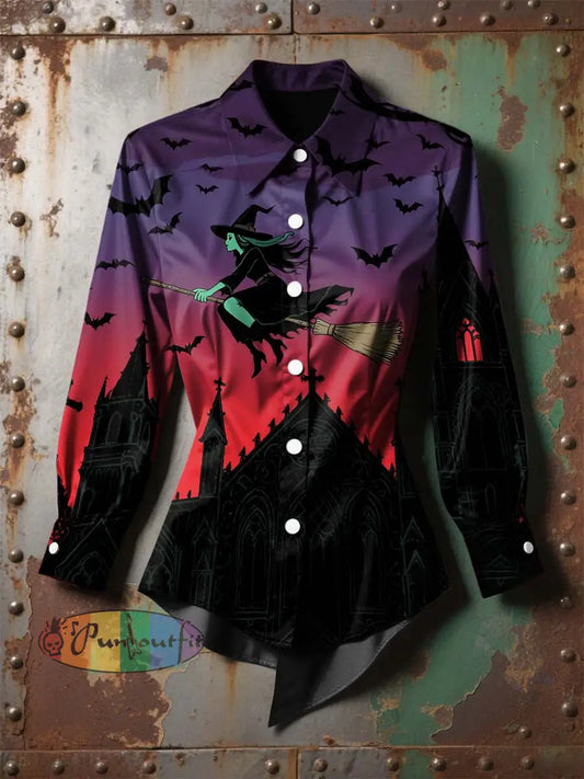Women’s Vintage Punk Halloween Witch Bats Printed Casual Long Sleeve Irregular Shirt Purple / S