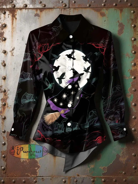 Women’s Vintage Punk Halloween Witch Moon Raven Printed Casual Long Sleeve Irregular Shirt Black / S