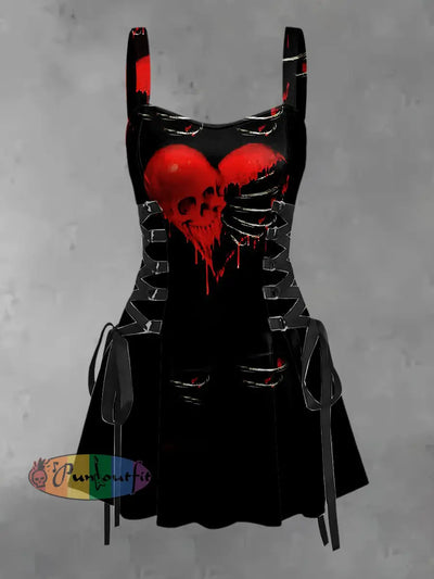 Women’s Vintage Punk Love Skull Skeleton Print Strappy Sleeveless Strappy Mini Dress Black / S