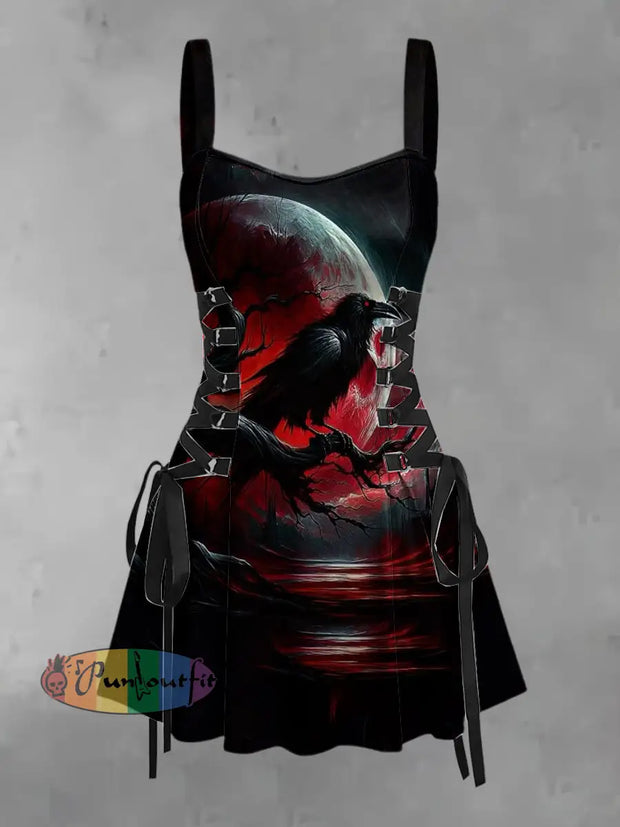 Women’s Vintage Punk Raven Moon Print Strappy Sleeveless Strappy Mini Dress Red / S