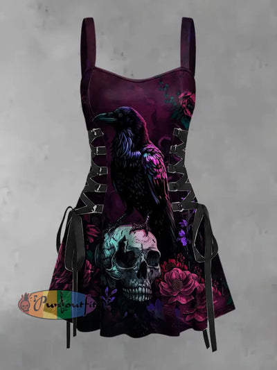 Women’s Vintage Punk Raven Skull Floral Print Strappy Sleeveless Strappy Mini Dress Purple / S