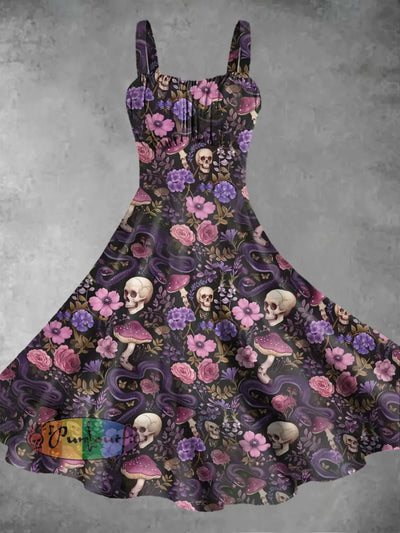 Women’s Vintage Punk Skull Mushroom Floral Colorful Abstracts Print Midi Dress Purple / S