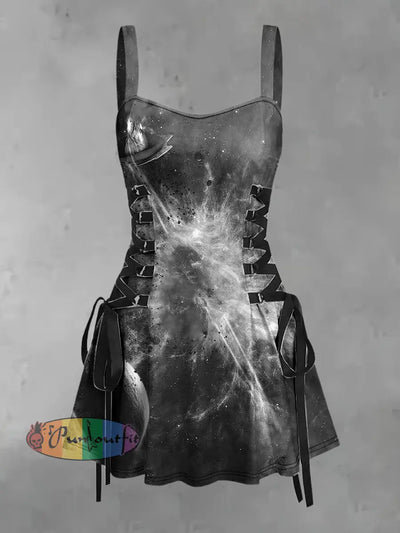 Women’s Vintage Punk Spaceship Abstracts Print Strappy Sleeveless Mini Dress Gray / S