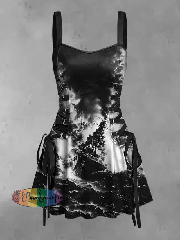 Women’s Vintage Punk Steam Ship Design Print Strappy Sleeveless Mini Dress Black / S