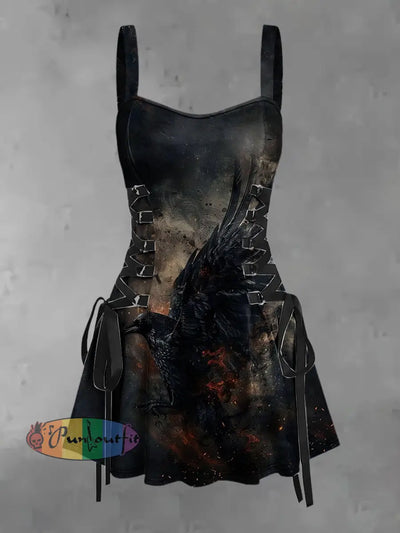 Women’s Vintage Punk War Crow Abstract Art Print Strappy Sleeveless Strappy Mini Dress Black / S