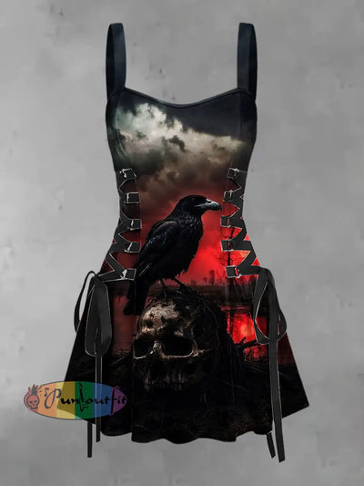 Women’s Vintage Punk War Raven Skulls Print Strappy Sleeveless Strappy Mini Dress As picture / S