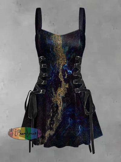 Women’s Vintage Ripple Stamping Art Abstract Print Strappy Sleeveless Strappy Mini Dress Navy Blue / S