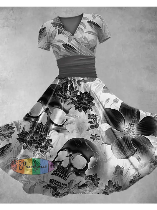 Women’s Vintage Skull Floral Art Print V Neck Maxi Dress Light Gray / S