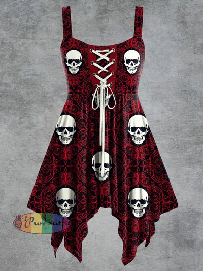Women’s Vintage Skull Floral Print Tie-Strap Slip Dress Deep Red / S