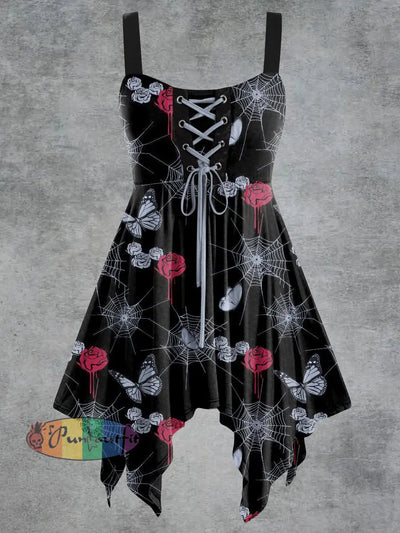 Women’s Vintage Spider Web Floral Print Tie-Strap Slip Dress Black / S