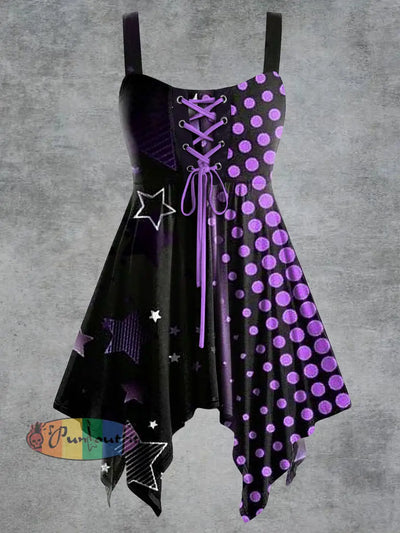 Women’s Vintage Star Print Tie-Strap Slip Dress Black-Purple / S