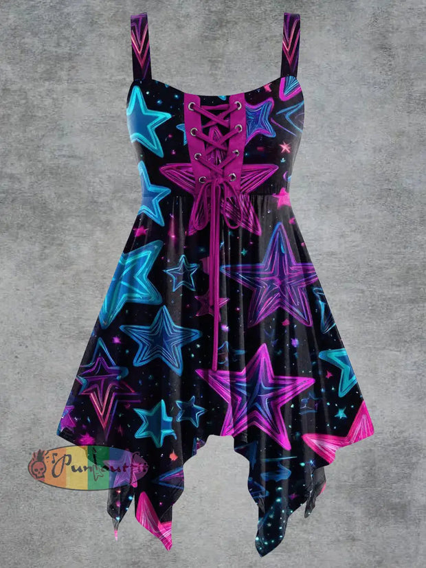Women’s Vintage Star Print Tie-Strap Slip Dress Purple / S