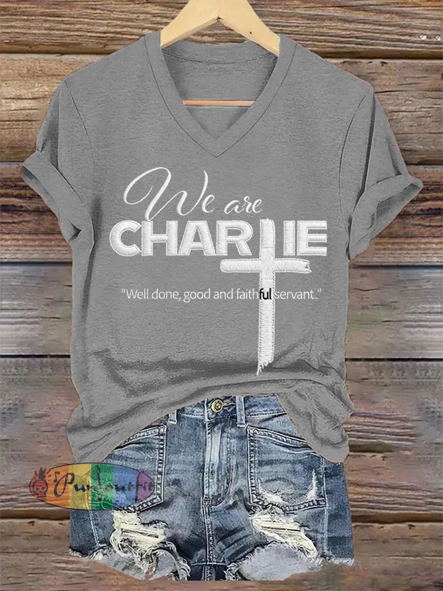 Women’s We Are All Charlie Kirk Now! R.I.P Charlie Kirk V-Neck Tee Light Gray / S